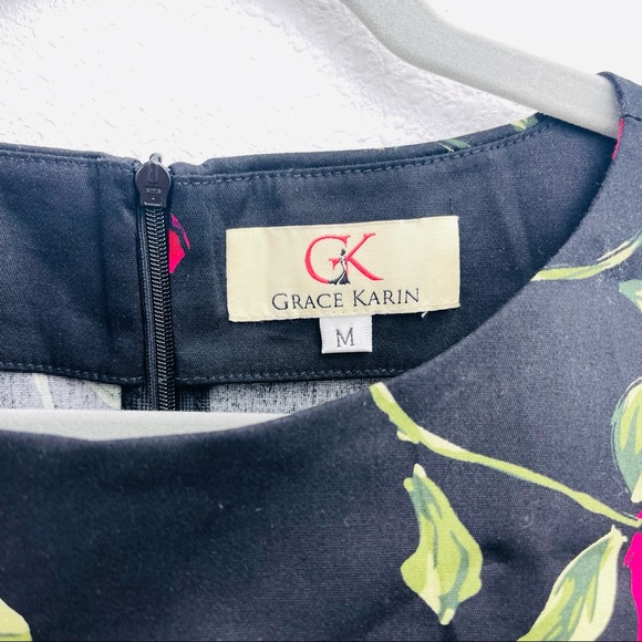 Grace Karin pink roses floral dress in black color scoop neck bouffant circular - Picture 6 of 7